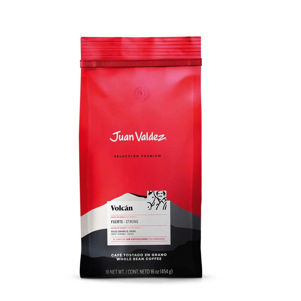 Café Juan Valdez Volcán Grano 454gr Juan Valdez bolsa x 1 Café Premium 100% Colombiano Excelso.  El Café Volcán es una combinación única de cafés Colombianos y notas aromáticas que sorprenderán tu paladar, ideal para la preparación del espresso, perfecto par
