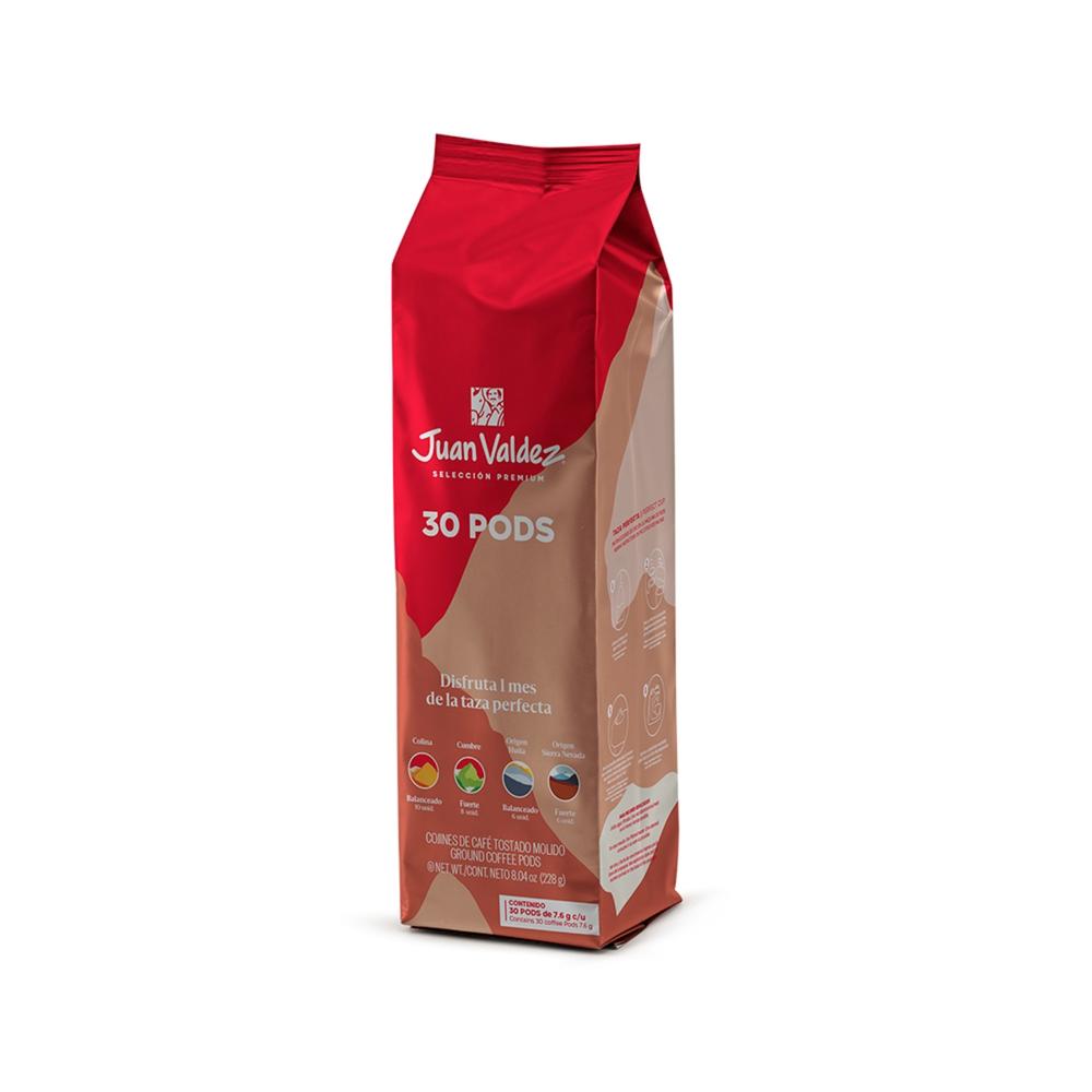 Café Pods Juan Valdez Surtidos x30 Juan Valdez bolsa x 1 Café Premium 100% Colombiano Excelso. Los pods son la manera más fácil de disfrutar una taza de café perfecta y distinta cada día del mes en la casa u oficina. Los Pods son una porción de café tostado