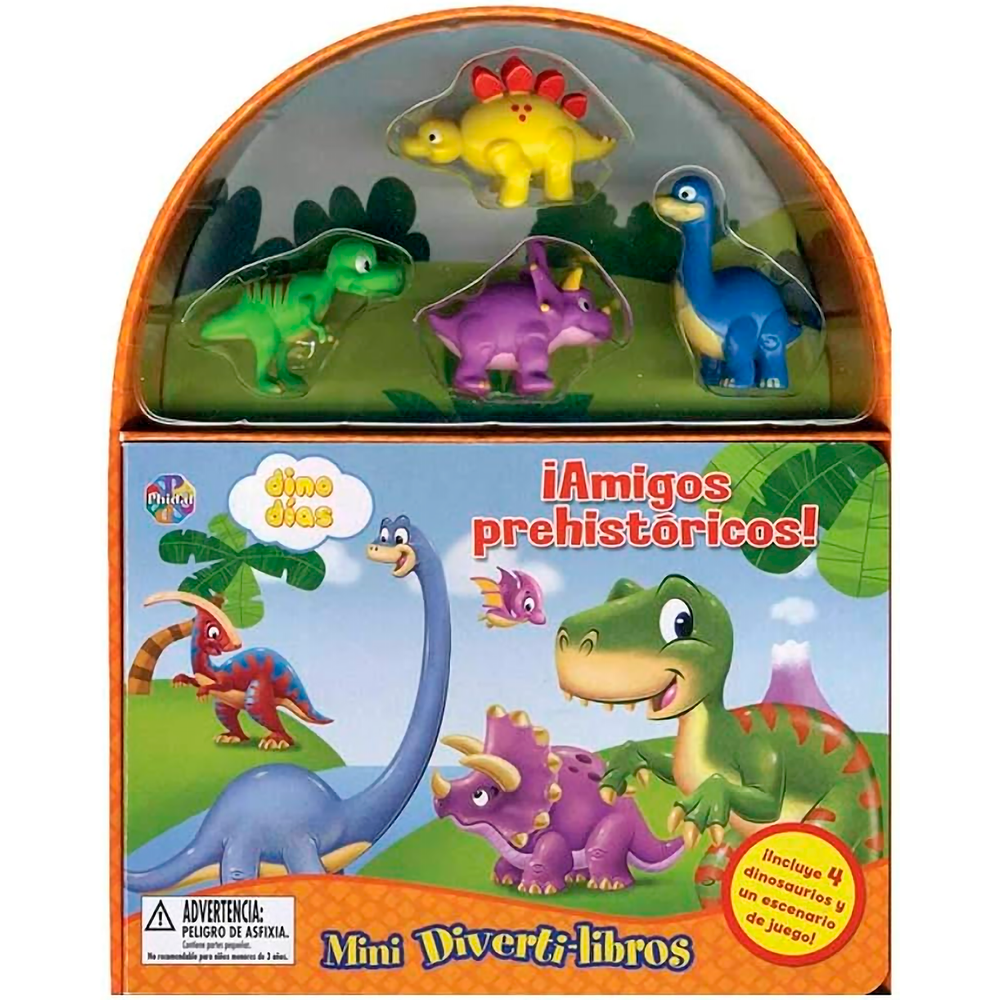 Mini Divertilibros. Amigos Prehistóricos Phidal Libro x 1.0 MINI DIVERTILIBROS-AMIGOS PREHISTORICOS Los Mini Diverti-Libros incluyen un libro de cuentos bellame nte ilustrado, cuatro figuritas y un tablero de juego vertic al.Lee el libro y luego usa las figur