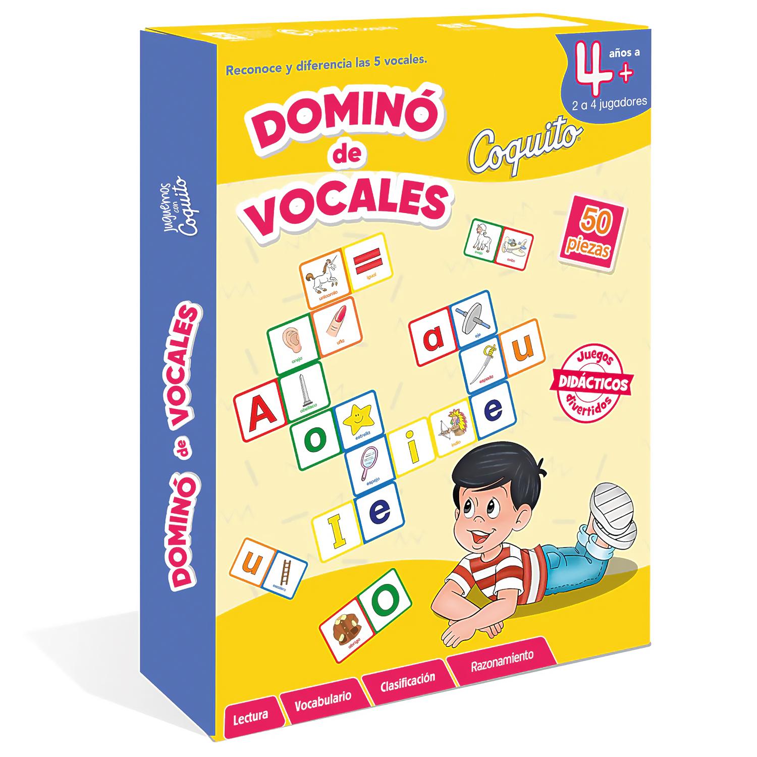Coquito. Juego Dominó De Vocales Distribuidora Grafica Libro x 1 Reconoce y diferencia las 5 vocales.JUEGO COQUITO  DOMINÓ DE VOCALESAYUDA A RECONOCER Y DIFERENCIAR LAS CINCO VOCALE64 tarjetas pequeñas con letras.16 tarjetas pequeñas con su respectiva imagen1 tabl