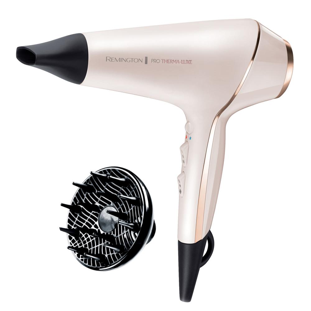 Secador de cabello motor profesional 1900 W Remington Secador profesional Remington Pro Therma-luxe con rejilla de cerámica con iones, motor AC profesional, 3 ajustes de temperatura, 2 velocidades, 2 concentradores de calor, difusor, botón 