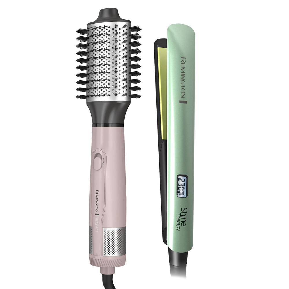 Combo combinación perfecta Cepillo + Alisadora Remington Combo pack que incluye cepillo secador Wet2Style y alisadora Shine Therapy x 2 unidades (1 cepillo secador + 1 alisadora) CEPILLO SECADORAhora hay una manera segura de estilizar tu cabello húmedo con el Cepillo de Aire caliente Wet2Style de Remington. Este cepillo cuenta con un barril con ventilación, recubierto con